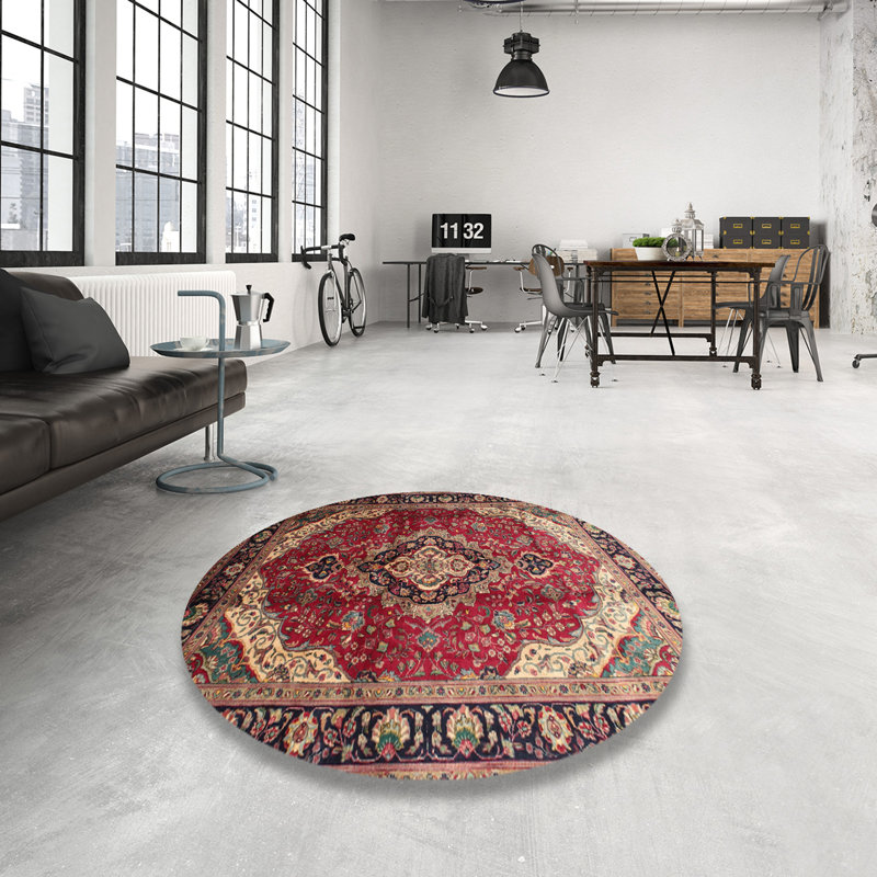 Tapis brun / rouge en laine / polyester tissé à la machine de style oriental Deahl, Rond 7 pi