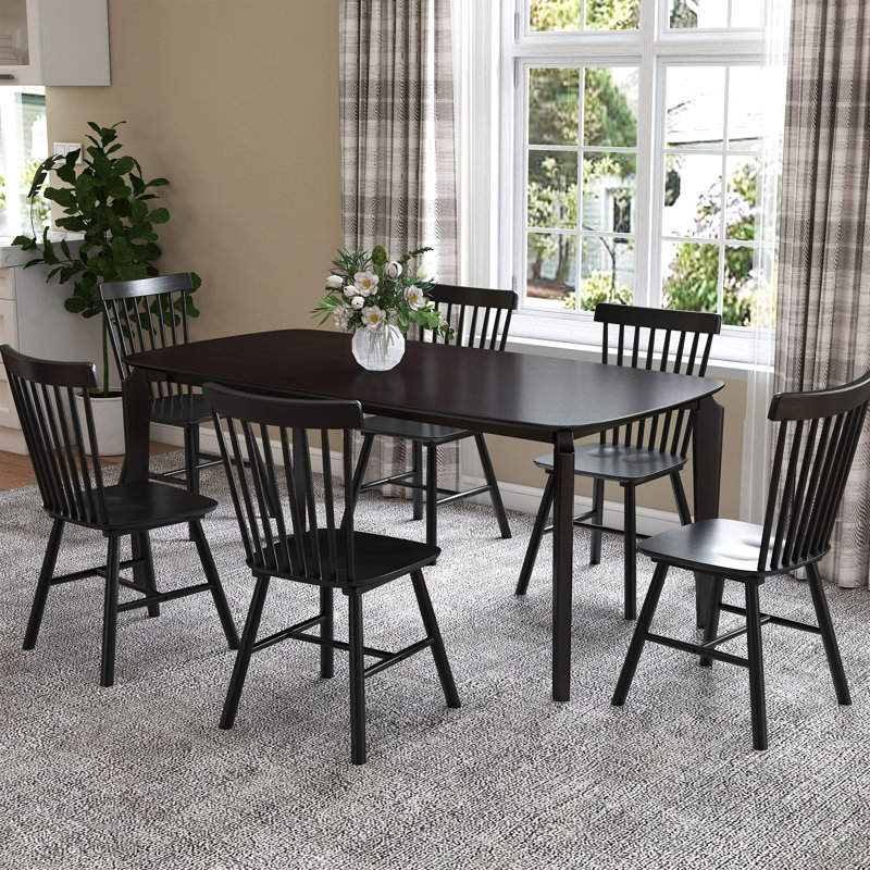 Rectangular Dining Table Set, Farmhouse Dining Table With Solid Wood Legs And Slat Back Windsor Dining Chairs For Kitchen/Dining Room/Guest Room
