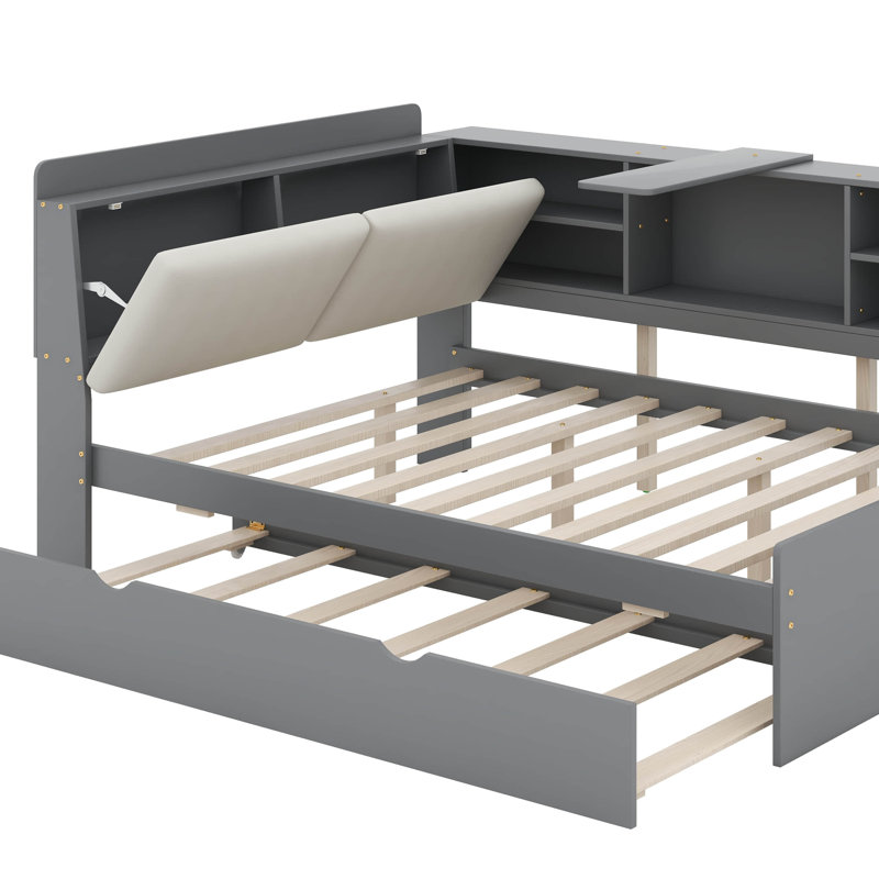 Full Size Platform Bed With Trundle, Shelves And Storage Headboard, Grey