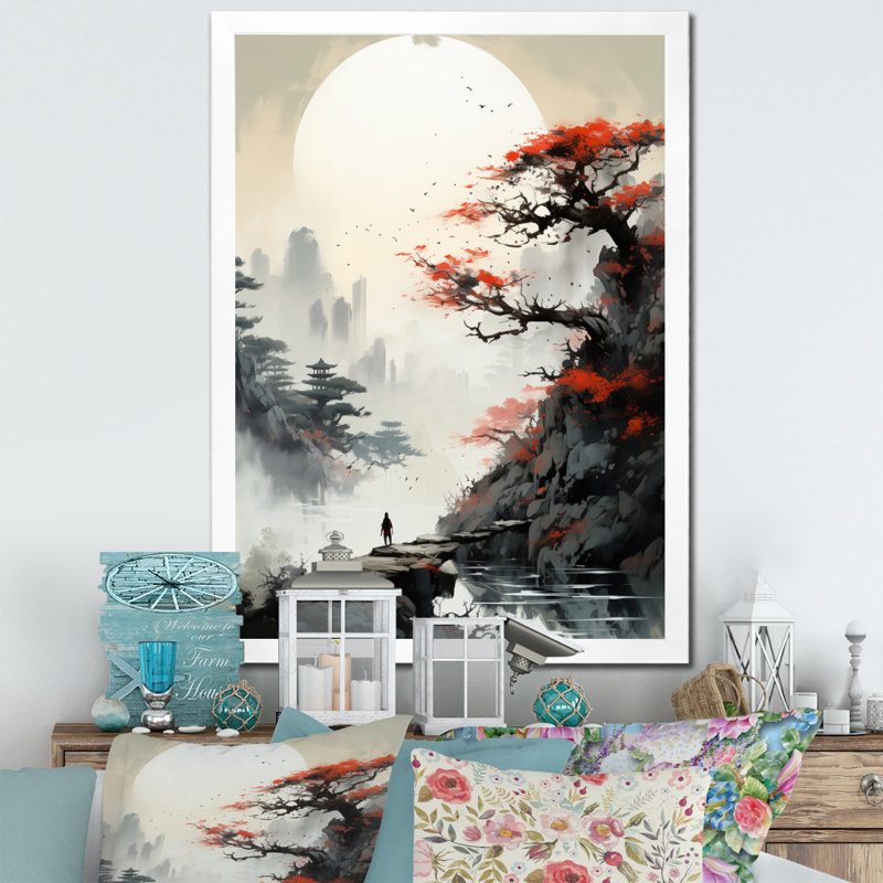 «Asian Art Samurais Landscape III», reproduction d'art sur toile asiatique, H 32 po x l 16 po x P 1 po, Cadre simple blanc