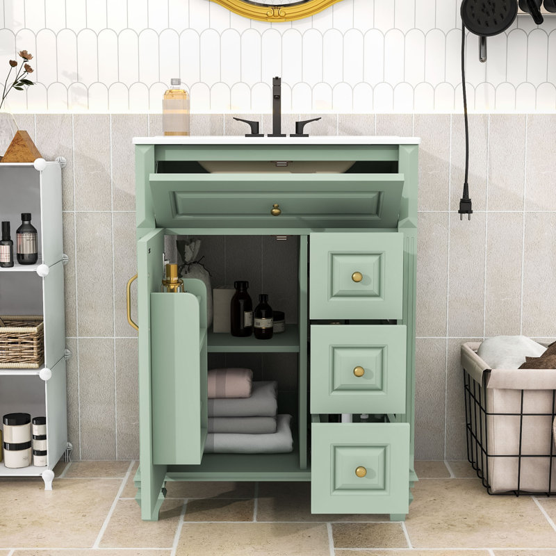 Meuble-lavabo autoportant classique avec lavabo en céramique, tablette réglable et grand rangement, Vert