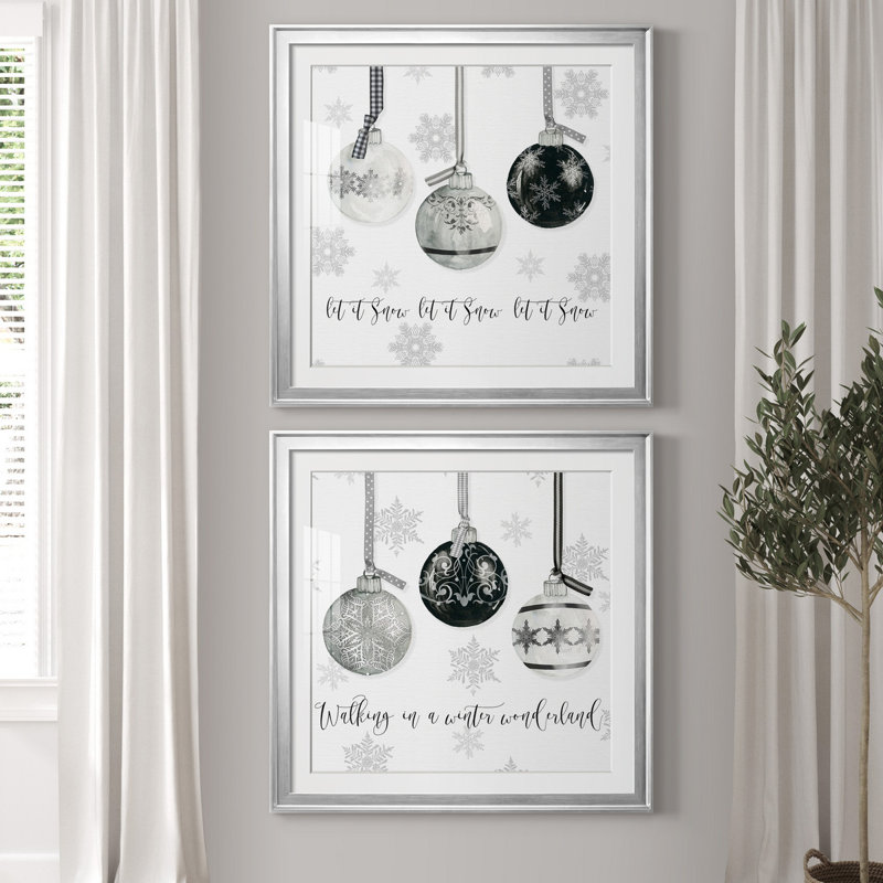 «Let It Snow Ornaments», ensemble de 2 reproductions d'art, Blanc, H 30,5 po x l 61 po x P 1,5 po, Papier avec cadre argenté