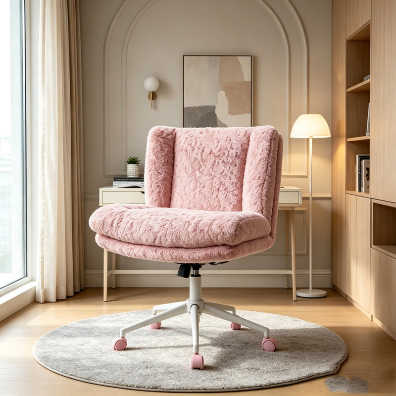 Chaise de bureau large avec faux tissu d'alpaga et coussin double, L 26,4 po - rose