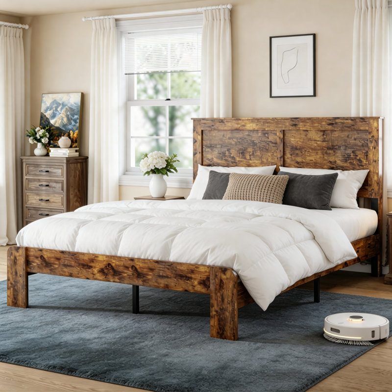 Structure de lit plateforme en bois rustique, lit de style industriel avec support à lattes en métal, aucun sommier requis, assemblage facile, grand lit