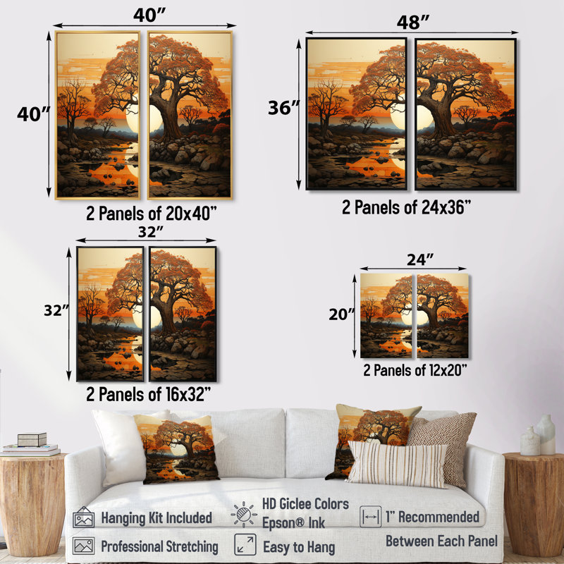 Baobab, arbre, sérénade au coucher du soleil - Grand arbre baobab, art mural, Noir, noir, noir, noir, Cadre flottant