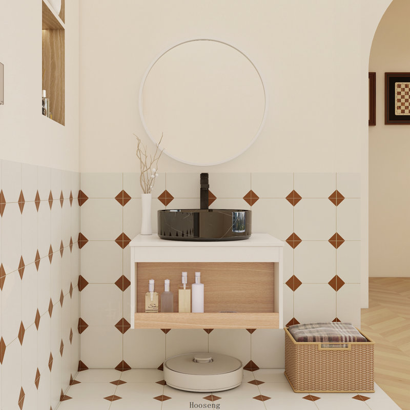 Meuble-lavabo flottant 24 po avec vasque en marbre noir, rangement ouvert, finition blanche