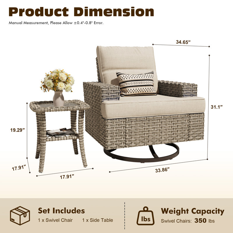Carolle Outdoor Swivel Rocking Chair Set With Side Table, Wicker Patio Lounge Chair With Cushions & Wide Armrests