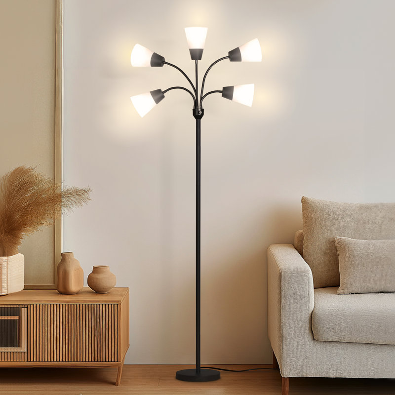 Medusa 78 in. Modern 5-Light Adjustable Gooseneck LED Floor Lamp with 5 Cone Shades, Black