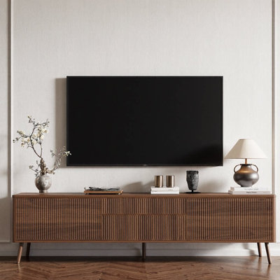 Viremont 70" Handle-Free Fluted TV Stand for 65-80" TVs, Modern Walnut Media Console with Push-to-Open Doors, Deep & Standard Drawers, Soft-Close Hinges, Cable Management