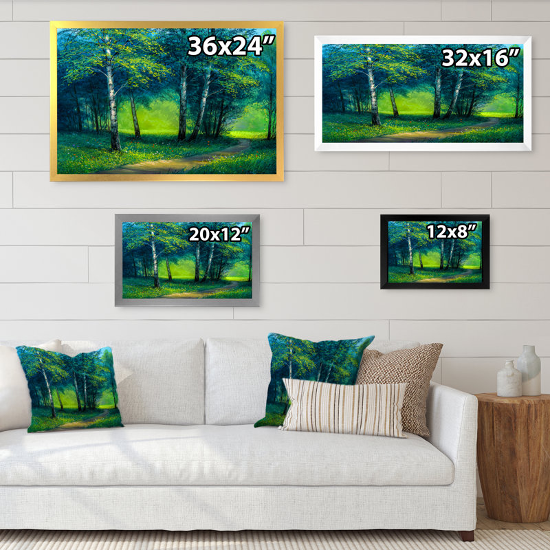 «Path Into Green Summer Birch Forest», art mural sur toile traditionnel, H 24 po x l 36 po x P 1 po, Cadre photo noir