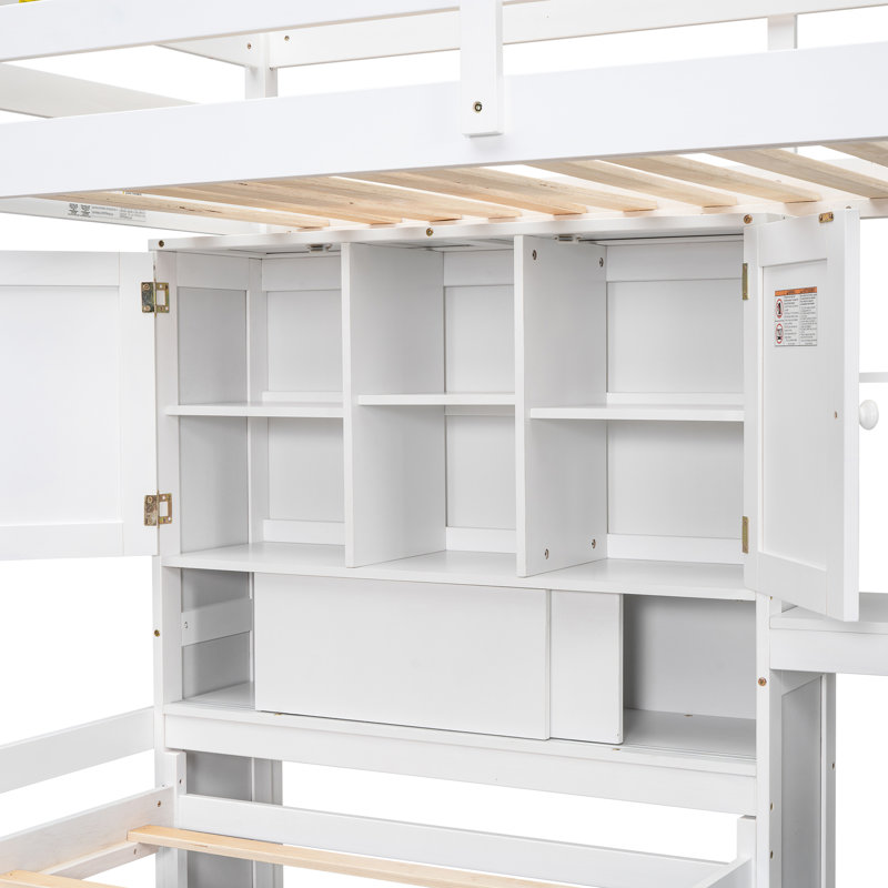 Lit simple mezzanine blanc avec escalier, rangement et bureau avec rangement, escalier au fini, Blanc