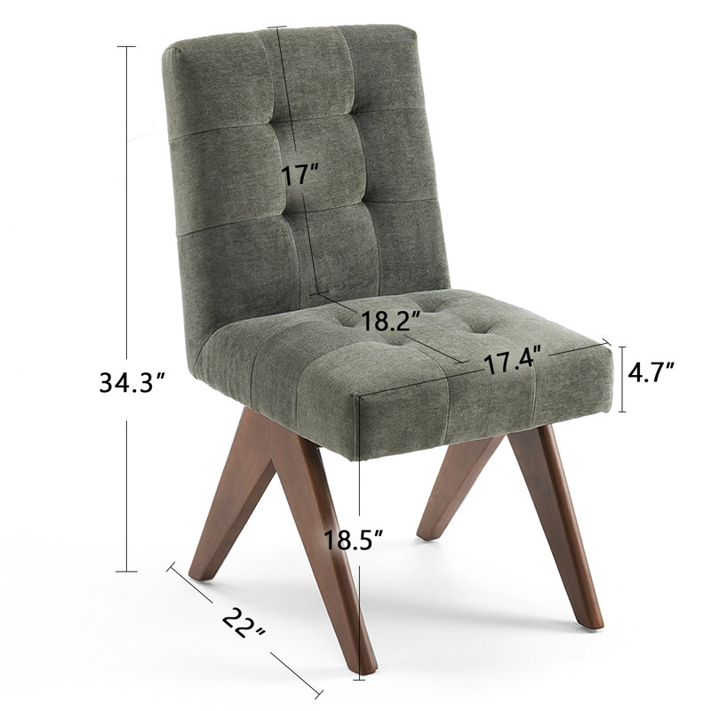 Tufted Linen Upholstered Dining Chair Armless Parsons Side Chair With Solid Wood Legs, Green