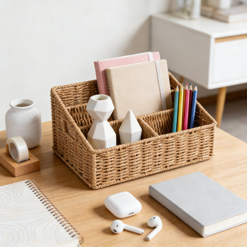 Woven Mail Organizer Basket For Desk, Farmhouse Paper Rope Office Organizer With Metal Frame, Multi-Compartment Storage For Mail, Magazines, Pens, And Office Supplies
