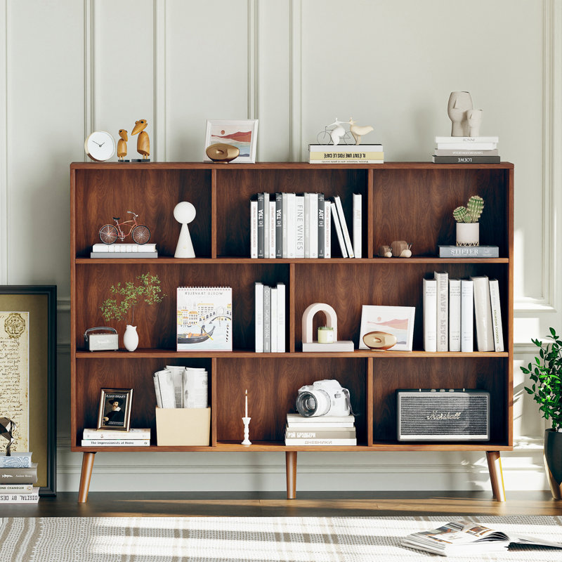 Jaen Solid and Manufactured Wood Cube Bookcase, (8 Shelves) 42.5" H x 55.1" W x 9.4" D, Columbia Walnut