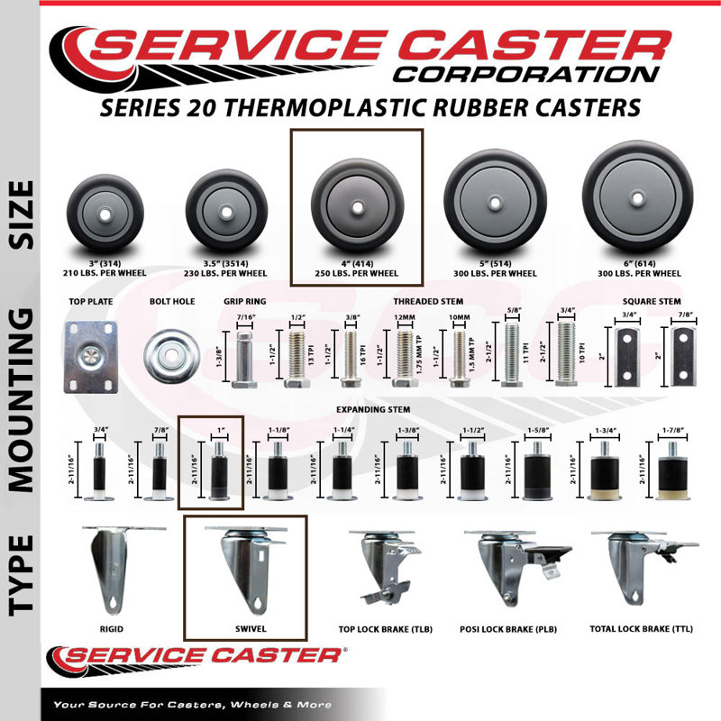 Ensemble de roulettes extensibles en caoutchouc thermoplastique pivotant sur roues 1 pouce 2 freins SCC