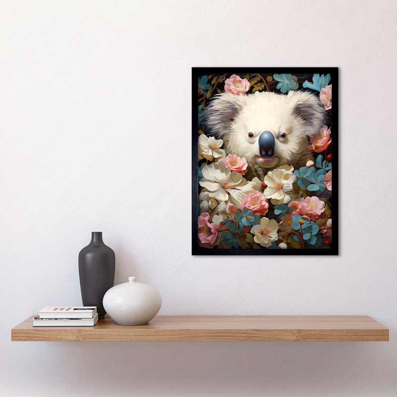 Elegant White Koala Bear Nestled In Blooming Flowers - Single Picture Frame Print