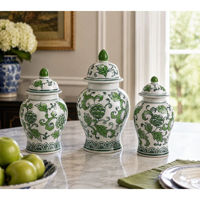 Set of 3 Floral Food Safe Jars, White/Green