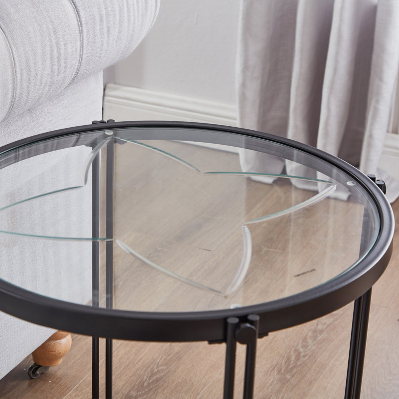 Table de bout moderne en bois avec plateau en verre et structure en métal, Noir