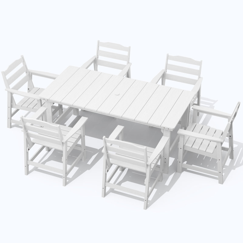 7-Piece HDPE Outdoor Patio Dining Set with Rectangular Table, Umbrella Hole and Armchairs, All-Weather Patio Furniture, 6