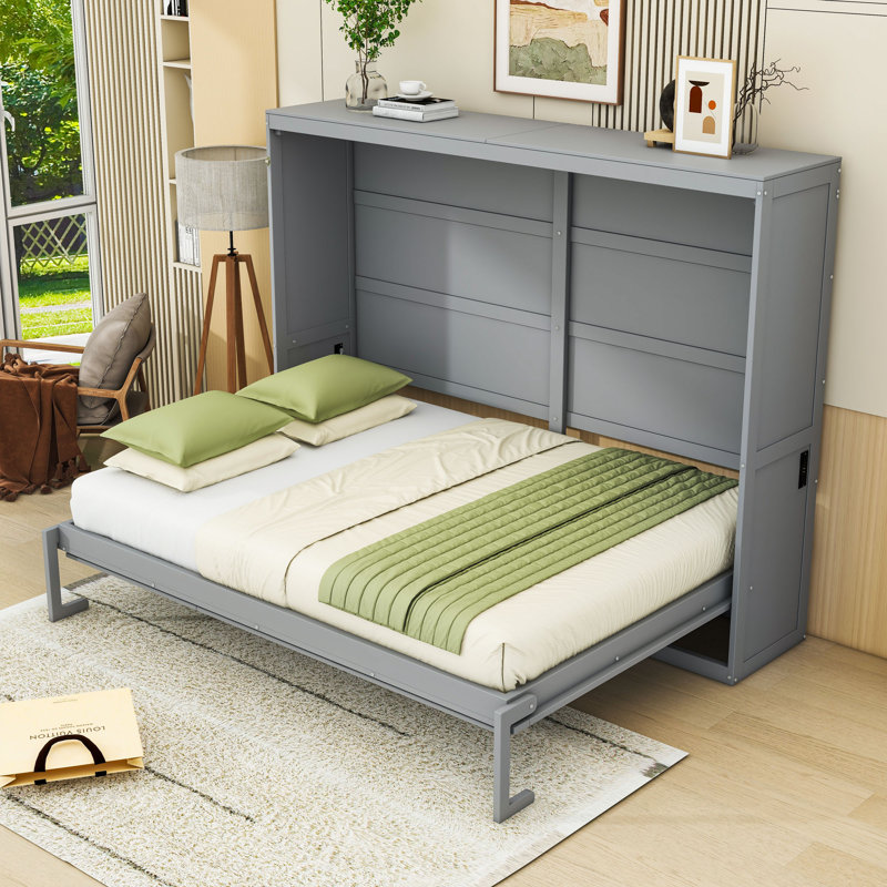 Lit escamotable avec port USB intégré, Gris, Grand