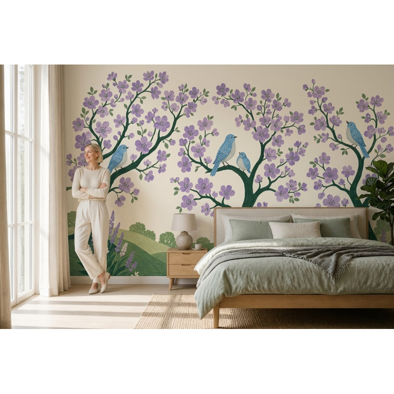 Fresque murale Arbre en fleurs Oiseaux bleus lavande Jardin floral Art mural, 140 po x 108 po, Non tissé