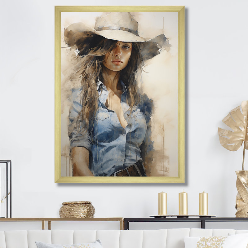 Minimalisme, cow-boy bleu, reproduction d'art sur toile, Cadre doré simple, H 40 po x l 30 po x P 1,5 po
