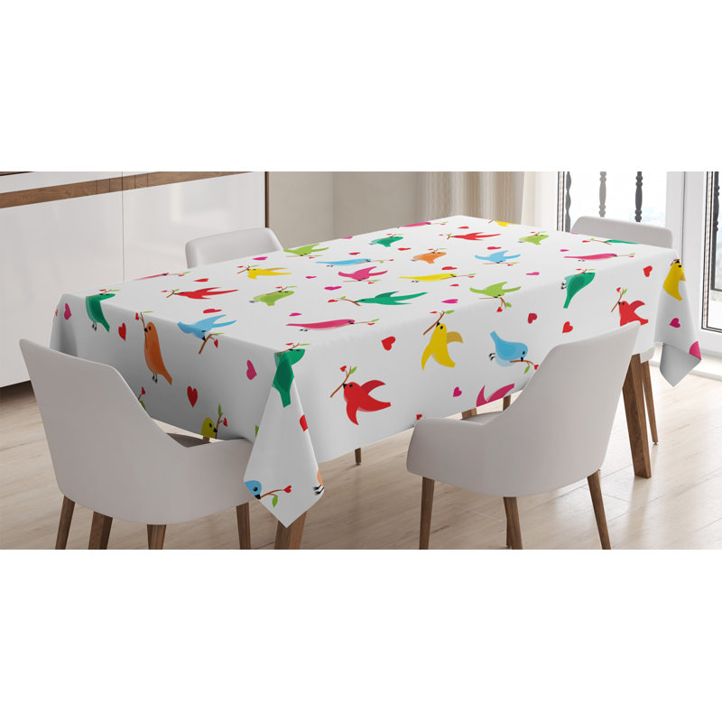 Birds Tablecloth, Pattern With Flying Birds Carrying Heart Branches Love Valentines Day Inspired Print, Rectangular Table Cover For Dining Room Kitchen Decor, 60" X 90", Multicolor
