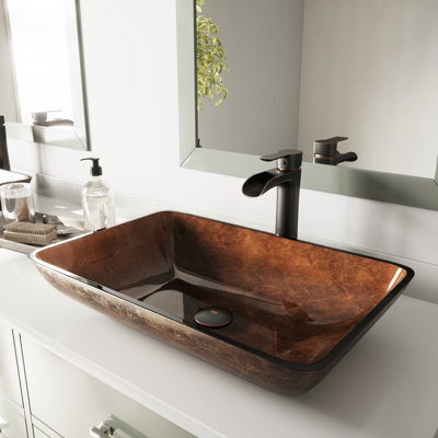 Donatello 22" L x 15" W x 5" H Rectangular Glass Vessel Bathroom Sink with 11" H Faucet