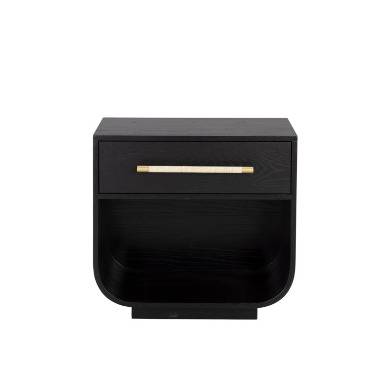 Modern Black Wood Nightstand with Brass Handle