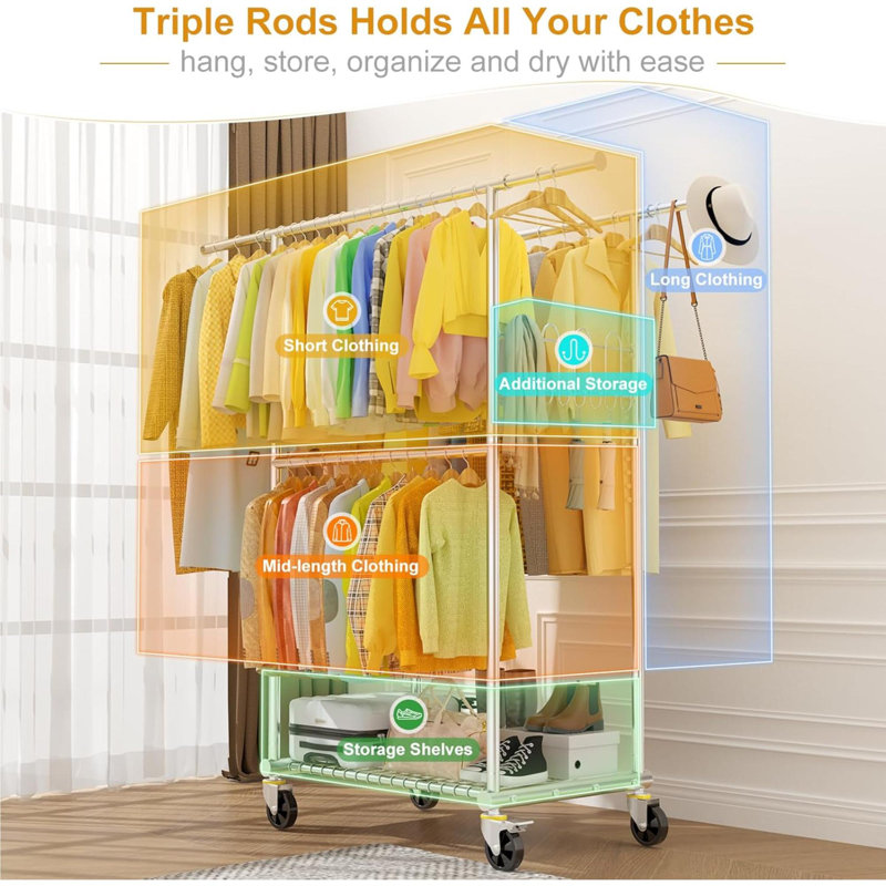 Heavy Duty Stainless Steel Rolling Garment Rack with Shelves and Hooks