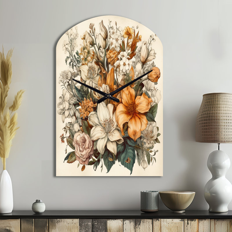 Crème et fleurs oranges, Bouquet d'interprétations I - Horloge murale en métal Bouquet, Grand