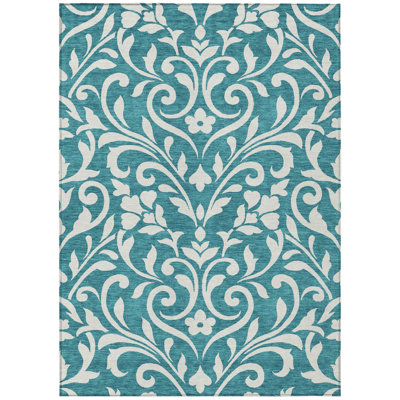 10' X 14' Teal Blue And Ivory Floral Washable Indoor Outdoor Area Rug