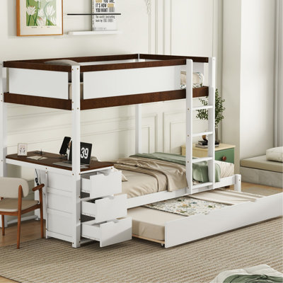 Twin Size Trundle Bunk Bed With Desk, Storage In White + Walnut Modern Twintwin Desk And Space