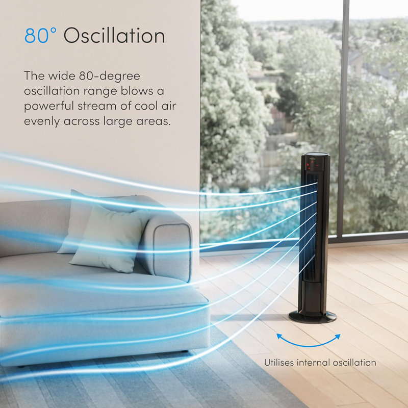Emperial 42" Tower Fan with Remote Control - Oscillating Bladeless Cooling Fan, Portable 7 Hour Timer, 3 Modes & 3 Speeds - Black