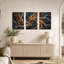 Ensemble de 3 toiles murales à motif de nervures de feuilles tourbillonnantes bronze et bleues-1292477394