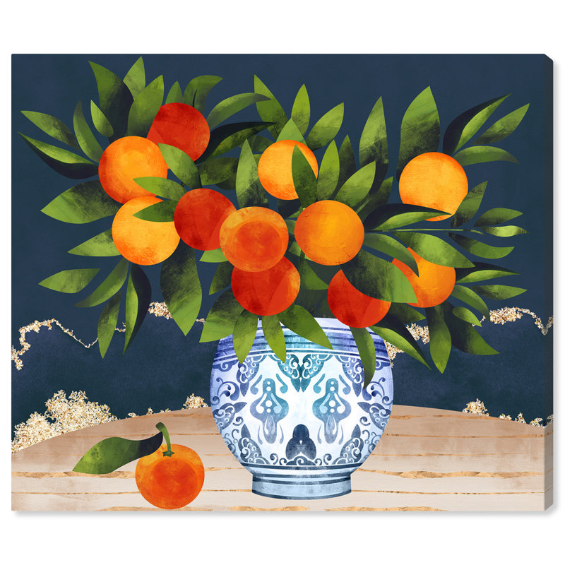 Blue and Orange Fruits in Porcelain Vase Canvas Print