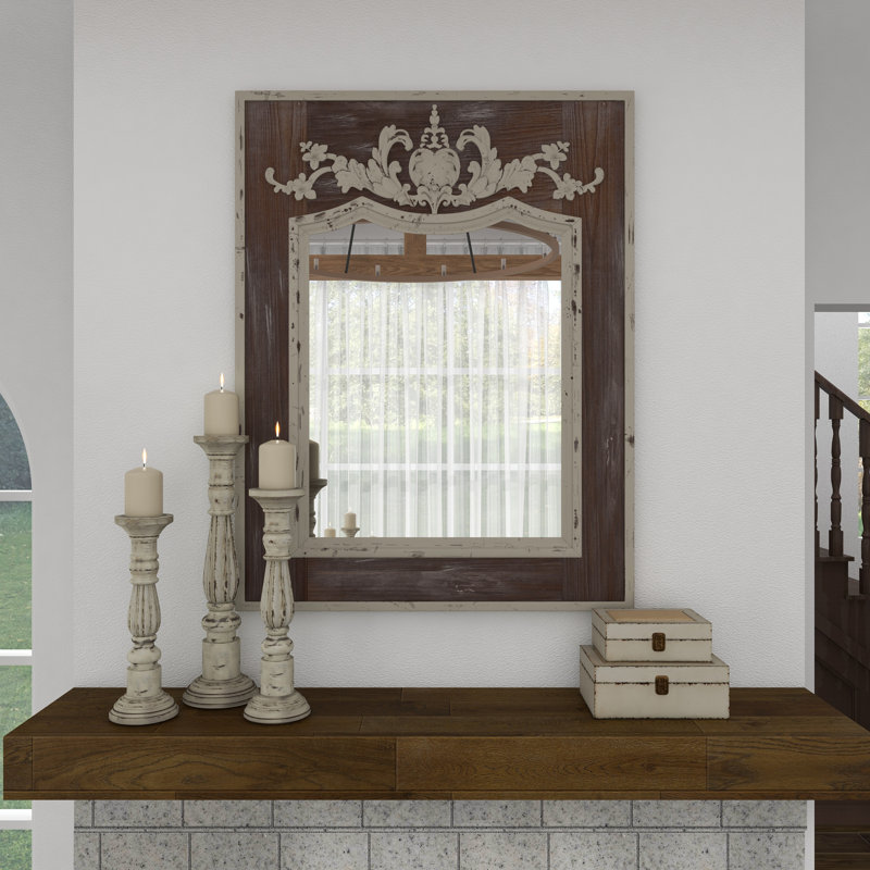 Scalloped 33" x 43" Brown and Cream Rustic Wooden Wall Mirror