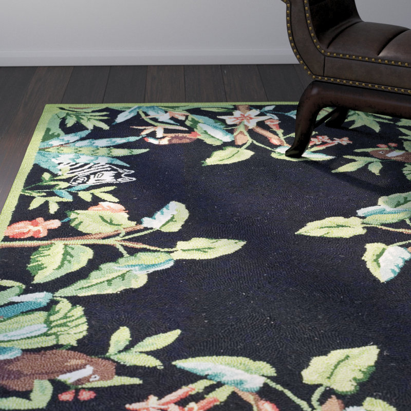 Tapis noir / vert en laine crocheté à la main à motif floral Hogle, Rectangle 1 pi 8 po x 2 pi 6 po