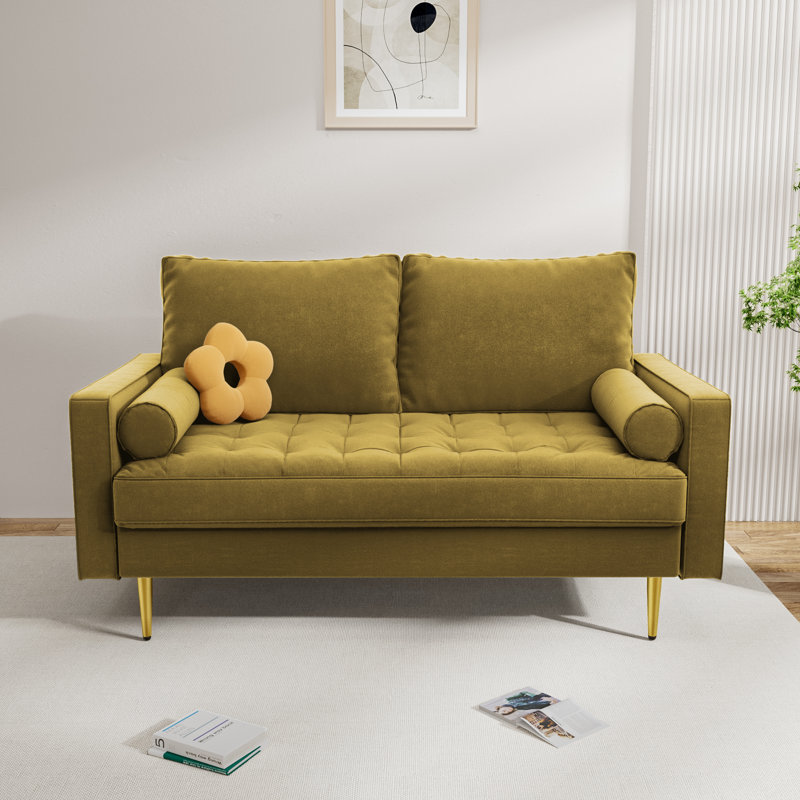 Bellinger 58" Velvet Square Arms Tufted Seat Golden Metal Feet Loveseat, Goldenrod Velvet