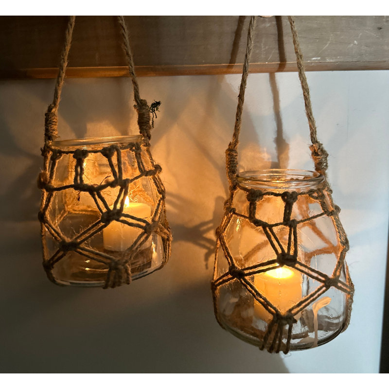 Glass Jar Candle Holders With Rope Netting, 5" H x 4.5" W x 4.5" D