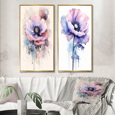Minimalisme, coquelicots mauves - coquelicots, ensemble de 2 impressions sur toile