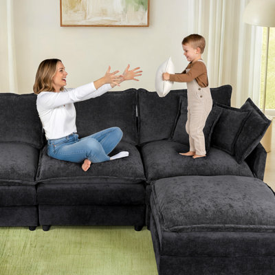 107" Modular L-Shaped Cloud Sectional Sofa for Living Room, Black Chenille 3-Seat Couch with Movable Ottoman and Lumbar Pillows