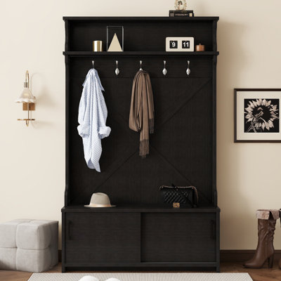 Arbre d'entrée avec tablette supérieure et banc de rangement, armoire à chaussures de couloir avec portes coulissantes, portemanteau avec 5 crochets de suspension