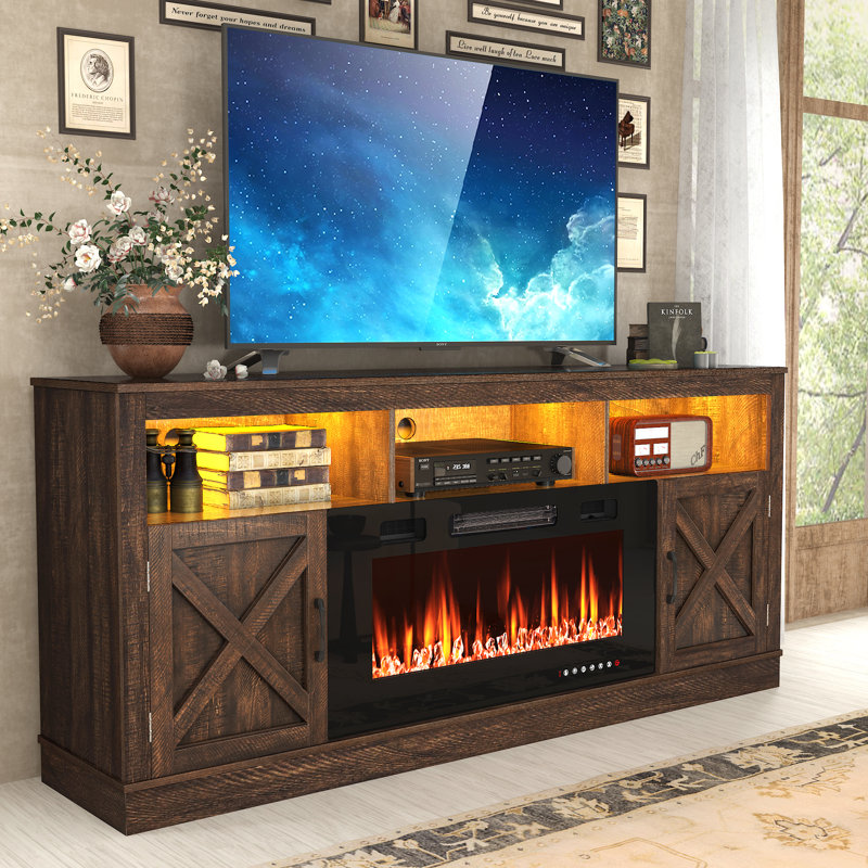 Zev Storage Credenza with Fireplace Included, 31.5" H x 70.8" W x 13.8" D, Walnut
