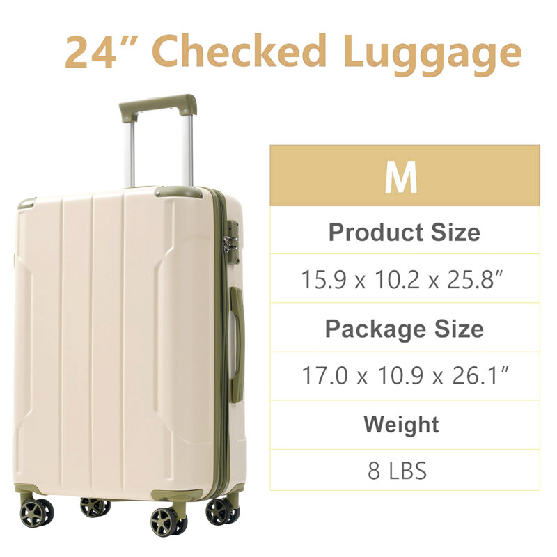 Valise rigide, valises en ABS léger et durable avec roues doubles, bagage de voyage extensible à carreaux de 24 pouces, Vert
