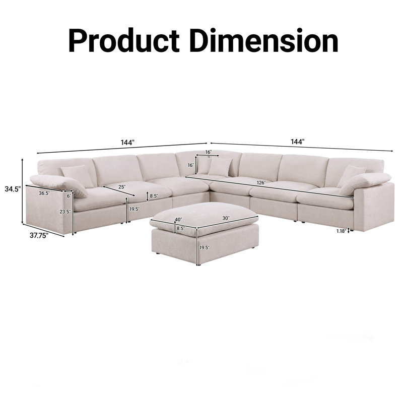 Canapé modulaire surdimensionné en chenille surdimensionné de 144 po avec canapé de 8 pièces et siège rembourré surdimensionné 144 po.