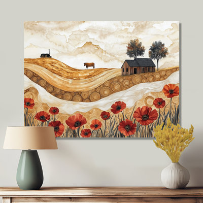 «Country coquelicots et vache et la grange I» - art mural coquelicots