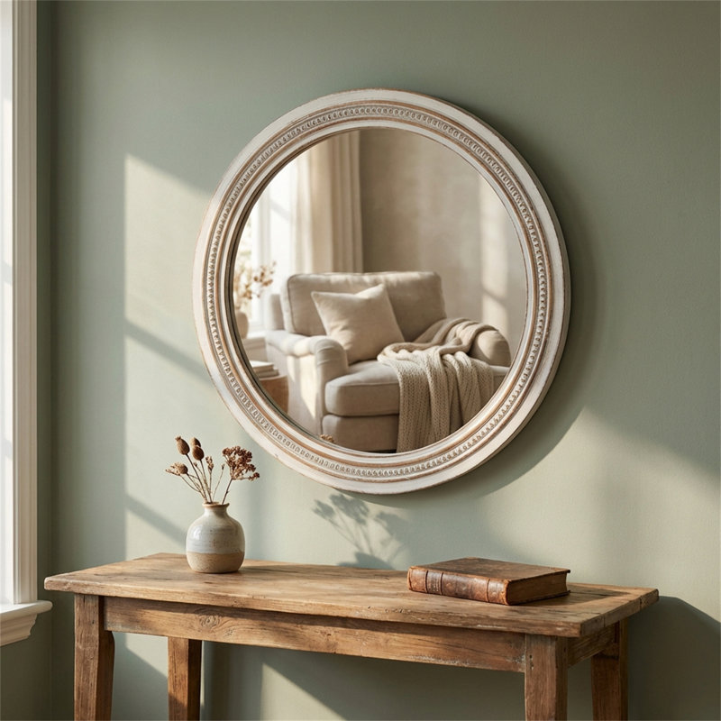 Miroir mural rond blanc antique de 23,62 pouces avec une élégante bordure perlée, convient à la salle de bain / salon / entrée