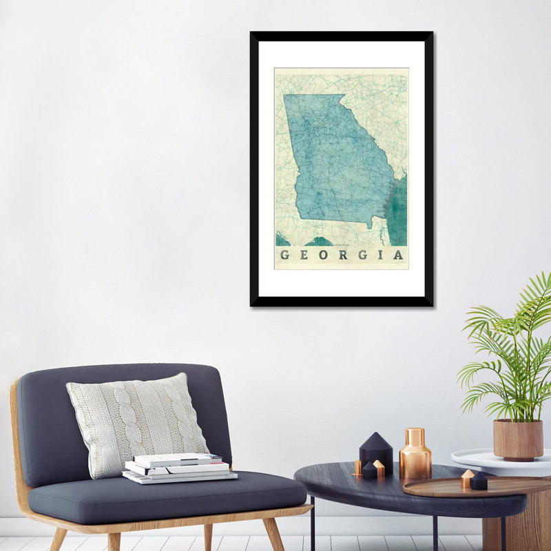 «Georgia Map», impression sur toile, Papier avec cadre noir, H 24 po x l 16 po x P 1 po, Blanc