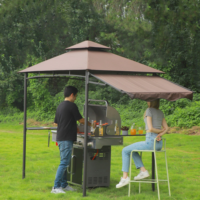 11Ft. W x 5 Ft. D Soft Top Grill Gazebo with a Side Collapsible Awning, Brown